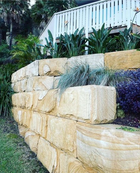 Sandstone Garden Wall, Sandstone Blocks, Sandstone Tiles, Sandstone Wall, Australian Native Garden, Landscaping Retaining Walls, Stone Architecture, Landscaping Supplies, Entry Gates