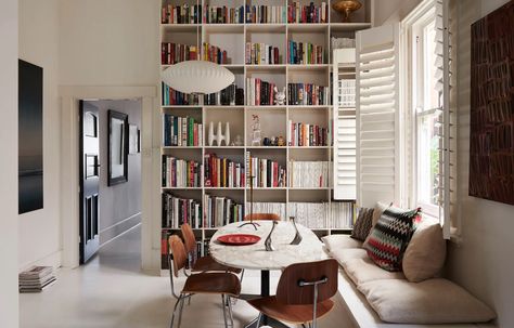 Dulux Natural White, Eames Dining, White Floorboards, Tulip Dining Table, Storage Bench Seating, Walnut Dining Chairs, Modern Townhouse, Red Plates, Vintage Stool