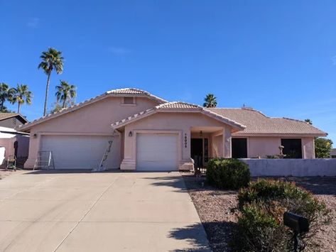 Exterior Update 90s Southwest/Mediterranean Stucco House Pink Tile California House Aesthetic Exterior, 90s Stucco Exterior Makeover, 90s Stucco Exterior Update, Arizona House Exterior, Stucco Exterior Makeover, Southwest Home Exterior, Desert Home Exterior, Stucco House Colors, Home Exterior Colors Schemes