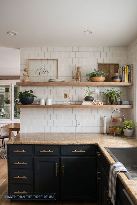 DIY Open Shelving in the Kitchen Diy Open Shelving, Dapur Rustic, Kitchen Ikea, Cabinets Countertops, Kabinet Dapur, Countertops Kitchen, Dark Kitchen Cabinets, Kitchen Diy, Diy Cabinets