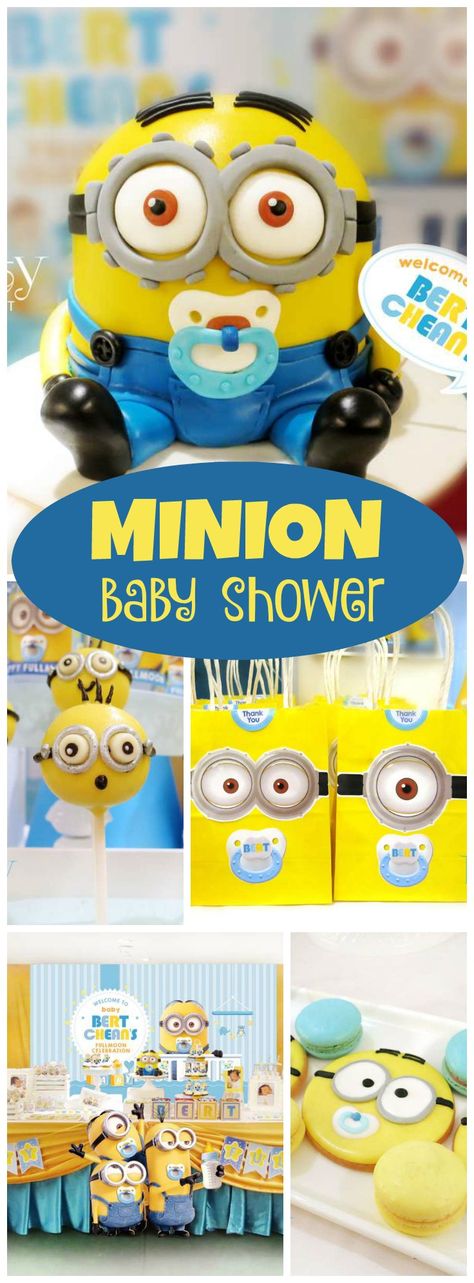 How adorable is this Minion baby shower?! See more party ideas at CatchMyParty.com! Minion Baby Shower Ideas, Minion Baby Shower, Baby Shower Game Gifts, Minion Baby, Baby Reveal Cakes, Minions Birthday, Minions Party, Baby Boy Themes, Baby Reveal Party