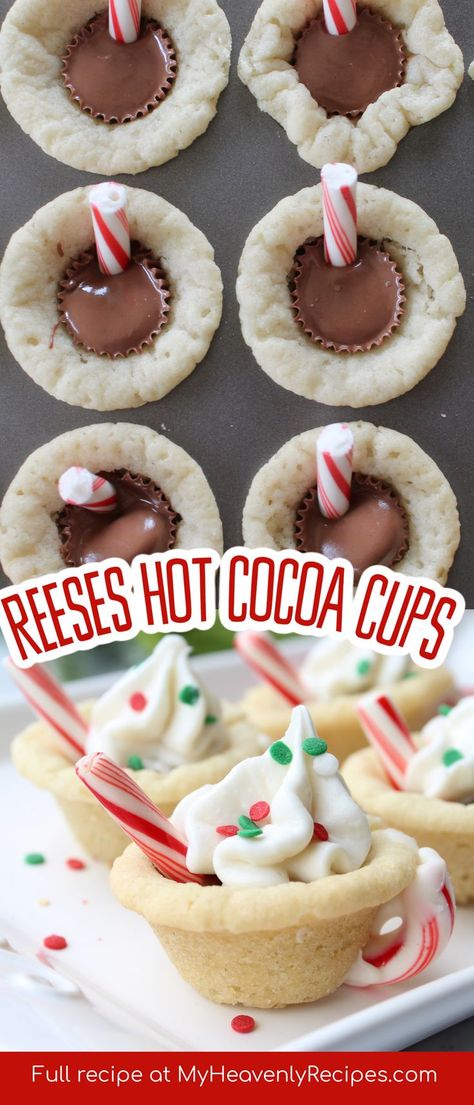 Hot Cocoa Brownie Cups, Hot Cocoa And Cookies Party, Christmas Cookie Cups Recipes, Christmas Dirt Cups, Christmas Cookie Cups, Hot Cocoa Cookie Cups, Hot Chocolate Cookie Cups Recipe, Rollo Cookies, Brownie Cookie Cups