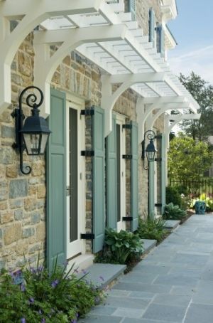 pergola- extending from big living room windows. add shutters and flagstone path (different from this one), adirondack chairs, firepit, hydrangeas... Garage Pergola, Shutter Colors, Pergola Diy, European Doors, Side Yards, Pintura Exterior, Pergola Design, Traditional Exterior, Modern Farmhouse Exterior