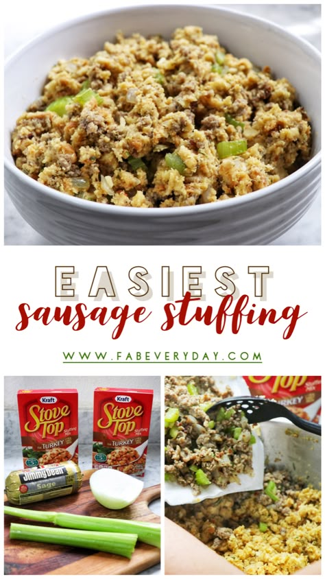 Easiest Sausage Stuffing Recipe - Thanksgiving Side Dish Hack! - Fab Everyday Stuffing Recipes Thanksgiving Sausage Easy, Sausage Stuffing Using Stove Top, Stuffing And Sausage Recipes, Sausage And Stove Top Stuffing, Sausage Stove Top Stuffing, Sausage Stuffing With Stove Top, Stuffing With Pork Sausage, Stovetop Stuffing Hacks, Stove Top Stuffing With Sausage Recipes