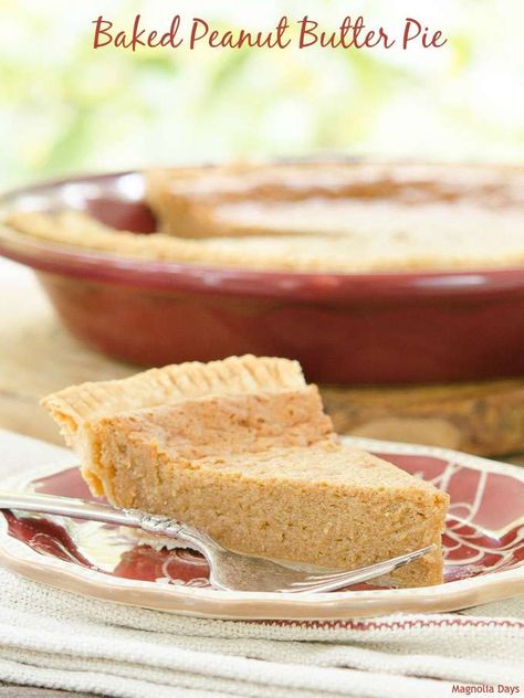 Baked Peanut Butter Pie is a delight for anyone who enjoys peanut butter. Its rich custard-like filling is smooth, decadent, and oh so good. Baked Peanut Butter Pie, Moms Recipes, Sweet Pies, Yummy Deserts, Bakery Items, Homemade Recipes Dessert, Peanut Recipes, Butter Recipes, Peanut Butter Pie