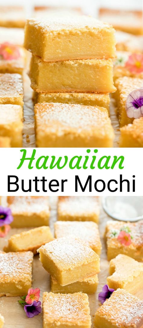 Mochiko Cake Recipe, Mochi Cake Recipe Simple, Best Butter Mochi Recipe, Mochi Cake Hawaiian, Coconut Butter Mochi Hawaiian, Hawaii Butter Mochi, Hawaiian Mochi Recipe, Butter Coconut Mochi, Asian Treats Sweets