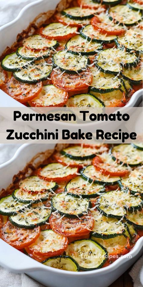 Looking for quick, cheesy dinner recipes? This parmesan tomato zucchini bake recipe is a delicious option for dinner ideas for family or dinner for two. Full of fresh flavors and cheesy goodness! Zucchini Tomato Bake, Tomato Zucchini Bake, Quick Dinners For Two, Tomato Bake, Dinner Ideas For Family, Zucchini Bake, Tomato Pie Recipe, Zucchini Tomato, Vegetarian Main Course