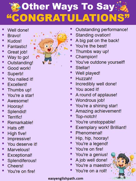 30 Different Ways to Say “Congratulations” in English. Learn Other Ways to Say " Congratulations". Other Ways To Say Congratulations, Congratulations On Your Achievement, Congratulations Quotes, Ways To Say Congratulations, Other Ways To Say, Say Congratulations, Card Messages, You're The Best, You Deserve It