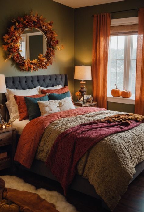 Keep it simple with minimalist decor that highlights fall colors and textures without overwhelming the space. Fall Bedroom Decor Cozy, Old World Kitchens, Cozy Ideas, Fall Bedroom Decor, Cozy Fall Bedroom, Boho Style Bedroom, Dressing Table Design, Bedroom Decor Cozy, Fall Bedroom