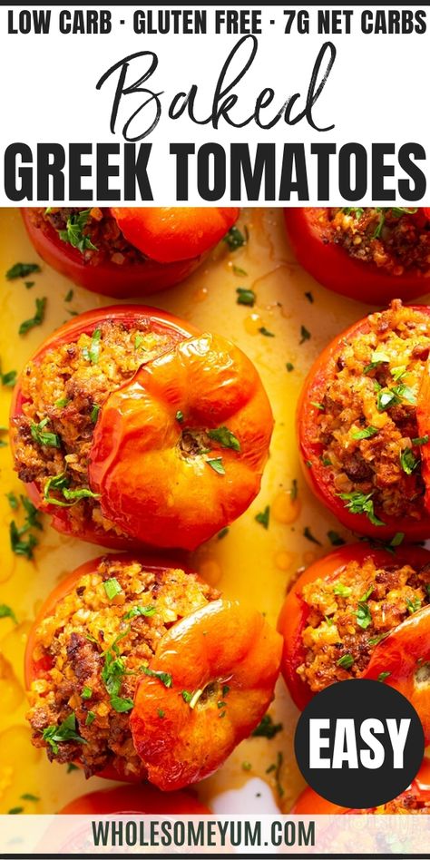 Stuffed Tomato Recipes, Gemista Recipe, Greek Stuffed Tomatoes, Recipe With Cauliflower, Dinner Cauliflower, Mediterranean Keto, Rice And Meat, Easy Low Carb Dinner, Carb Free Recipes