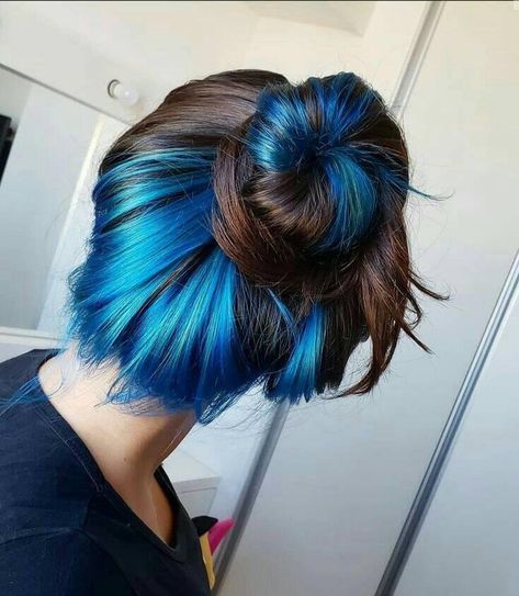 Blue Underneath Hair, Peekaboo Hair Color Ideas, Peekaboo Hair Color, Under Hair Dye, Blue Brown Hair, Hidden Hair Color, Peekaboo Hair Colors, Split Dyed Hair, Hair Color Underneath