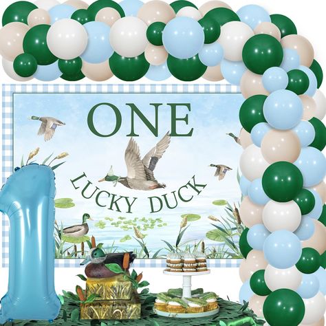 PRICES MAY VARY. Package List: Duck hunting birthday decorations include 1pc on lucky duck backdrop 5*3 ft, 55pcs latex balloons 12”, 15pcs latex balloons 5”, 1pc number 1 foil balloon 32”, 1pc balloon tape strip, 1 roll of adhesive dots and 2pcs ribbons. High Quality: One lucky duck birthday decorations are made of vinyl, latex and foil, sturdy and durable. Unique Design: Duck hunting first birthday photo backdrop is designed as realistic pattern of mallard duck in different poses, which is eye One Lucky Duck Birthday Party Mallard, Duck Backdrop, Mallard Duck Birthday Party, Duck Hunting First Birthday, Hunting First Birthday, One Lucky Duck Birthday Party, Duck Balloon, Lucky Duck Birthday, One Lucky Duck