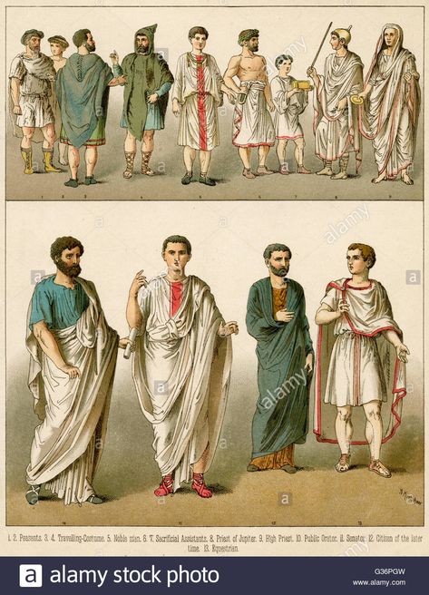 Ancient Roman costume for men -- peasants, travellers, nobles, a priest and assistants. Date: Ancient Rome Stock Photo Roman Men Clothing Ancient Rome, Ancient Greek Costumes Men, Ancient Rome Fashion Men, Ancient Rome Clothing Men, Ancient Greece Clothing Men, Ancient Roman Clothing Men, Ancient Greek Clothing Men, Valyrian Wedding, Ancient Greek Men