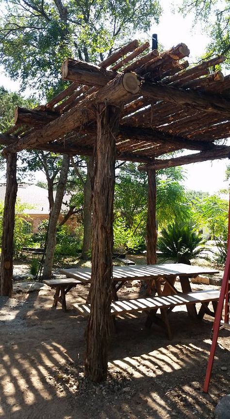 Pergola Built Around Trees, Diy Pergola From Branches, Rustic Arbors And Pergolas, Branch Pergola Diy, Rustic Cedar Log Pergola, Small Barn Home, Rustic Furniture Design, Rustic Pergola, Small Barns