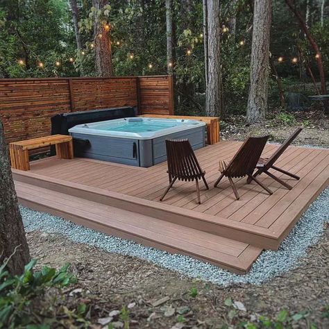 Floating Deck Hot Tub Landscape Idea On A Budget Hot Tub On Porch Ideas, Floating Hot Tub Deck, Ground Level Deck With Hot Tub, Small Deck For Hot Tub, Floating Deck With Hot Tub, Hot Tub Concrete Pad Ideas, Hot Tub On Wood Deck, Hot Tub Setup Ideas, Hot Tub Floating Deck