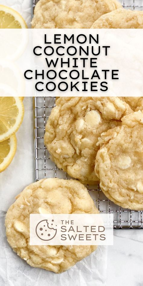 These lemon coconut white chocolate cookies combine all the tang that a lemon brings with the sweetness from both the coconut and white chocolate. It’s such a delighful spring and summer treat! Lemon White Chocolate Coconut Cookies, White Chocolate Coconut Cookies, White Chocolate Almond Cookies, Coconut Cookies With Condensed Milk, White Chocolate Lemon Cookies, Coconut Baking Recipes, Lemon White Chocolate Cookies, Lemon Coconut Cookies, Lime Dessert Recipes