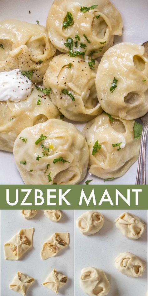 This Uzbek Manti Recipe is the best dumpling recipe! A soft dough filled with a juicy chicken potato filling. A delicious Meddieteranien dish the whole family will love. Uzbek Manti Recipe, Turkmenistan Food Recipes, Uzbek Dumplings, Uzbekistan Recipes, Uzbek Food Recipe, Uzbek Plov Recipe, Uzbek Recipes, Armenian Manti Recipe, Armenia Food