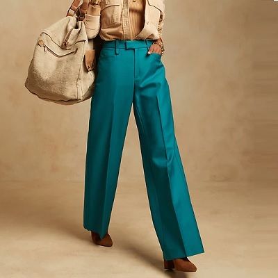 Wednesday's Workwear Report: High-Rise Wide-Leg Italian Wool Pant - Corporette.com Turquoise Pants Outfit Work, Teal Pants Outfit Work, Teal Jeans Outfit, Turquoise Pants Outfit, Teal Outfit Ideas, Teal Pants Outfit, Turquoise Outfit, Turquoise Palette, Turquoise Pants