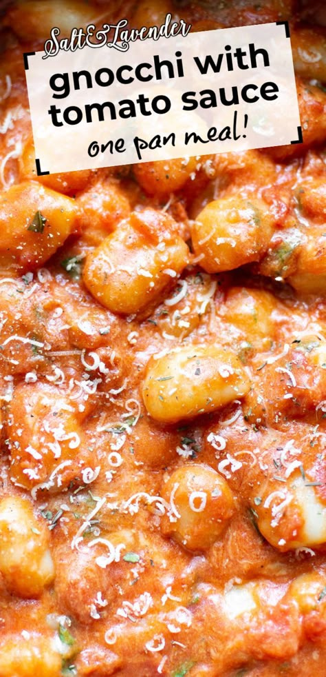 closeup of gnocchi with parmesan and text overlay that reads gnocchi with tomato sauce - one pan meal! Burrata And Gnocchi, Gnocchi With Creamy Tomato Sauce, Spicy Gnocchi Soup, Chicken Gnocchi Red Sauce, Cheesy Tomato Gnocchi, Gnocchi With Pomodoro Sauce, Gnocchi Rose Sauce, Gnocchi And Tomato Sauce, Pasta Sauce For Gnocchi