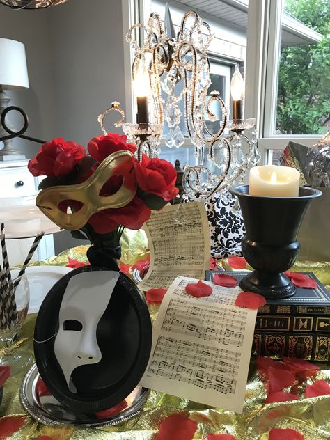 Our version of a Phantom of the Opera party ❤️. See more @nestandfeather on IG Phantom Of The Opera Table Decorations, Phantom Of The Opera Theme Party Masquerade Ball, Phantom Of The Opera Decorations Ideas, Opera Party Theme, Night At The Opera Theme Party, Phantom Of The Opera Halloween Party, Phantom Of The Opera Backdrop, Phantom Of The Opera Dinner Party, Phantom Of The Opera Themed Party