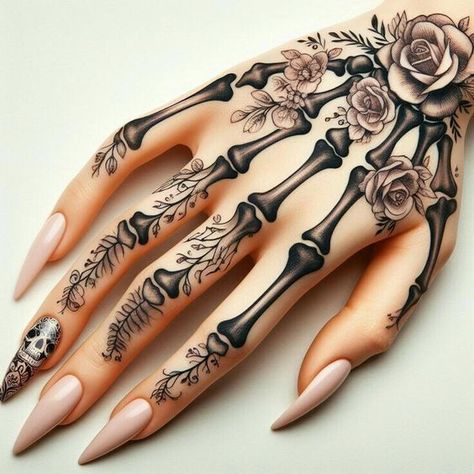 Skeleton Hand Neck Tattoo, Skellington Hand Tattoo, Witchy Tattoos Hand, Girly Skeleton Tattoo, Finger Bone Tattoo, Bone Finger Tattoo, Hand Tattoos For Women Skeleton, Rose And Skull Tattoo For Women, Rose Garden Tattoo