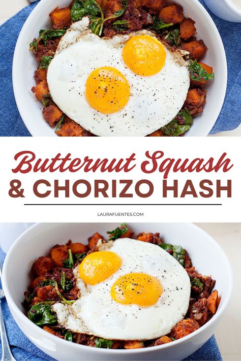 This butternut squash and chorizo hash is a terrific breakfast option for a cozy weekend or served for dinner topped with a fried egg. Chorizo Bowl, Butternut Squash Breakfast, Squash Breakfast, Chorizo Hash, Savory Butternut Squash, Chorizo Breakfast, Delicious Breakfast Ideas, Nourish Bowl, Recipes Muffins