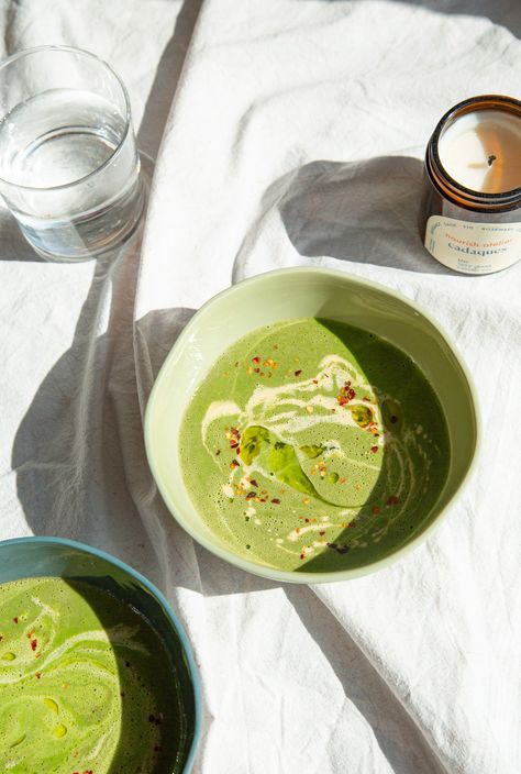 The perfect vegan Green pea soup with ginger and toasted almond. — Nourish Atelier Pea Soup Photography, Nettle Recipes, Almond Soup, Nettle Soup, Green Pea Soup, Gf Meals, Spring Soups, Green Soup, Stinging Nettle