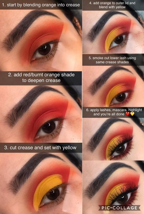 Red Yellow Blue Eyeshadow, Chiefs Makeup Look, Red Yellow Eyeshadow, Kc Chiefs Eye Makeup, Chiefs Eye Makeup, Orange And Red Eyeshadow Looks, Red Orange Yellow Makeup Looks, Yellow Eyeshadow Looks Step By Step, Red And Orange Makeup Looks