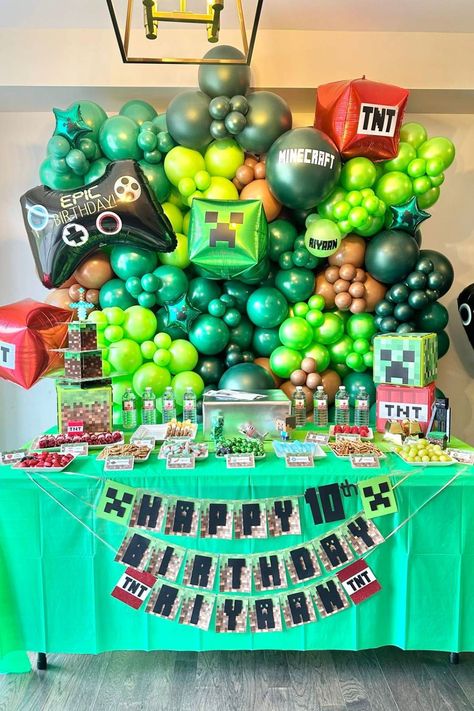 Check out this awesome Minecraft-themed birthday party! What an amazing backdrop! See more party ideas and share yours at CatchMyParty.com Minecraft Zombie Birthday Party, Minecraft Birthday Balloons, Minecraft Decorations Party, Minecraft Decorations Outside, Video Game Party Theme, Minecraft Cupcake Toppers, Minecraft Themed Birthday Party, Video Game Party Ideas, Minecraft Balloons