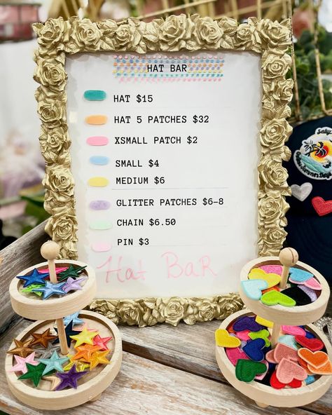 ✨🧢 TRUCKER HAT BAR 🧢✨ Patches size XS-Large, hat chains, & pins are waiting for you to come & create your custom trucker hat with Lily!! We have sequin patches, hippie vibe patches, summer patches, 4th of July and so many more!! A large variety of trucker hat colors too! 👯‍♀️ Grab your girls and go make your custom hat with Lily tomorrow! Open 10am-4pm • 121 West State Street Pendleton, IN 🧢🧢🧢🧢🧢🧢🧢🧢🧢🧢🧢🧢🧢🧢🧢🧢🧢🧢 #hatbar #hat #truckerhat #irononpatches #indiana #indianaboutique #pendletonindi... Trucker Hat Bar Patch Display Ideas, Hat Patches Diy, Hat Bar Display, Trucker Hat Pins, Mobile Hat Bar, Hat Bar Set Up, Trucker Hat Patch Ideas, Hat Bar Display Ideas, Hats With Patches