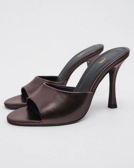 Ribbed Halter Top, Heels Brown, Leather Slides, Leather Mules, Zara United States, Metallic Leather, Stiletto Heel, Chocolate Brown, Leather Heels