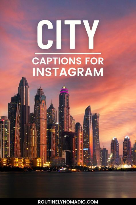 City skyline at sunset with words city captions for Instagram Short Insta Captions, Moving To A New City, Insta Caption, Funny City, One Word Instagram Captions, City Quotes, Cute Captions, Explore City, Cute Instagram Captions