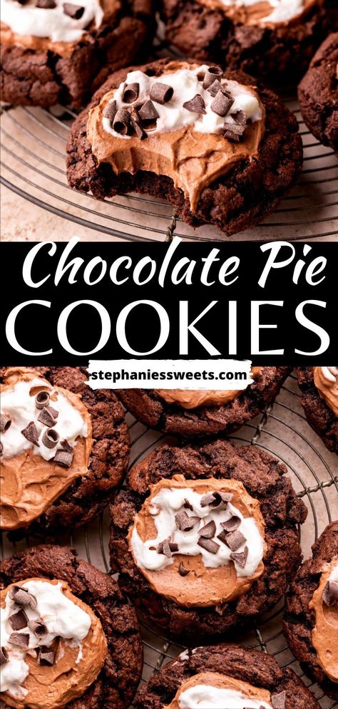 These French silk pie cookies are loaded with a chocolate pudding mousse and topped with whipped cream and chocolate curls. The cookies are chewy chocolate Oreo cookies served cold. Chocolate Pie Cookies, French Silk Pie Cookies, French Silk Pie Cookie, Chocolate Pudding Mousse, Chocolate Oreo Cookies, Pudding Mousse, Chocolate Silk Pie, Chocolate Pie With Pudding, French Silk Pie