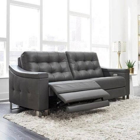 Evans Grey Top Grain Leather Sofa Most Comfortable Sleeper Sofa, Modern Recliner Sofa, Sofa Design Ideas, Reclining Sofa Living Room, Living Room Furniture Recliner, Recliner Sofas, Top Grain Leather Sofa, Room Couches, Family Room Furniture