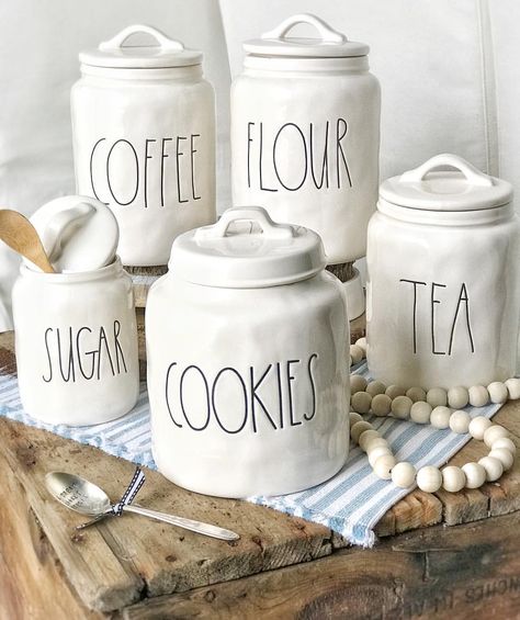 Farmhouse Canisters, Rae Dunn Display, Rae Dunn Canisters, Big Happy Family, Rae Dunn Decor, Rae Dunn Collection, Kitchen Jars, Rae Dunn Kitchen, Kitchen Things