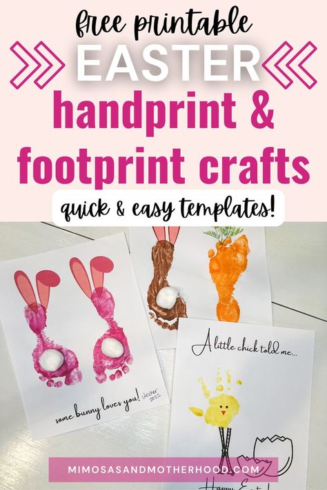 Looking for a simple and easy Easter craft? Grab this set of free printable handprint and footprint Easter crafts for toddlers & preschoolers, with cute Easter chicks, Easter bunnies and carrots! Easter Foot Prints For Toddlers, Diy First Easter Crafts, Easter Crafts For Babies Easy, Preschool Easter Crafts For Parents, Easter Hand And Footprint Crafts, Easter Chick Handprint Craft, Easter Crafts For Toddlers Printables, Free Printable Handprint Template, Easter Bunny Footprint Craft