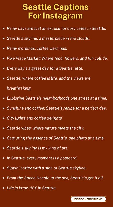 Funny Seattle Captions For Instagram! Seattle Captions Instagram, One Line Captions, Seattle Instagram, Best Captions For Instagram, Seattle Neighborhoods, Best Captions, Ig Quotes, Rainy Morning, Bad Girl Wallpaper