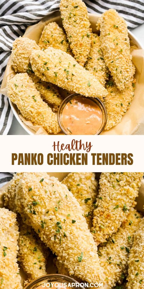 35 minutes · Serves 4 · Healthy Panko Chicken Tenders - yummy and easy poultry main dish for busy weeknight dinners. Chicken tenders breaded with panko and baked in the oven. A kid-friendly dish perfect for family dinners. Healthy Panko Chicken, Panko Baked Chicken, Healthy Chicken Tenders, Panko Chicken Tenders, Chicken Tender Recipes Baked, Baked Panko Chicken, Cooked Chicken Temperature, Tender Recipes, Joyous Apron