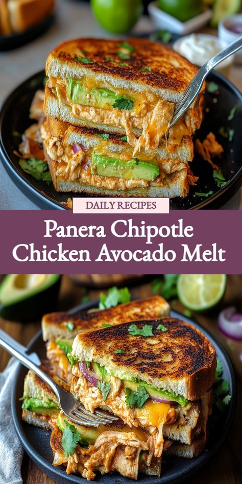 Satisfy your cravings with this delicious Panera Chipotle Chicken Avocado Melt recipe! This mouthwatering sandwich features tender chicken, creamy avocado, smoky chipotle mayo, and gooey cheese all toasted to perfection. Perfect for a quick and easy lunch or dinner option. Try making this delectable sandwich at home and enjoy a taste of Panera in your own kitchen today! Dinner Recipes Sandwiches, Panera Chipotle Chicken Avocado Melt, Chipotle Chicken Avocado Melt, Chicken Avocado Melt, Avocado Melt, Recipes Sandwiches, Melt Recipe, Chipotle Mayo, Chipotle Chicken