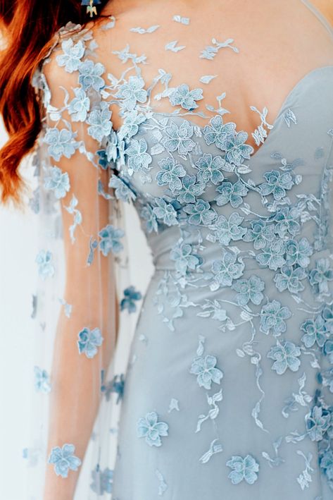 Natalie Wynn, Fairy Dresses, Dusty Blue Weddings, Column Gown, Beaded Gown, Wedding Dress Trends, Floral Fashion, Forget Me Not, Wedding Wear