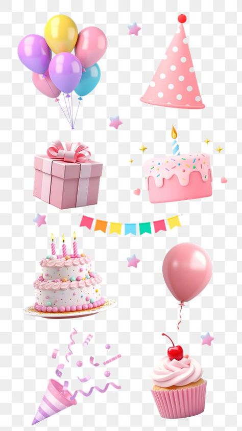 Birthday Elements Illustration, Birthday Cake Png, Happy Birthday Png, Birthday Background Images, Image 3d, Birthday Background, Birthday Hat, Authentic Design, Birthday Balloons