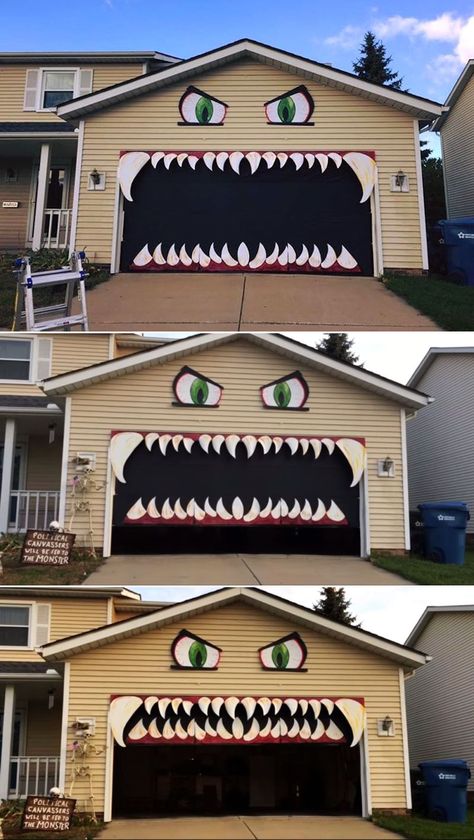 Halloween Ideas Outside, Best Diy Halloween Decorations Outside, Halloween Monster Garage Door, Monster House Decoration Halloween, Monster House Decor, Halloween Monster House Decorations, Halloween Decorations Outside House, Monster Bushes Halloween, Diy Spooky One Decor