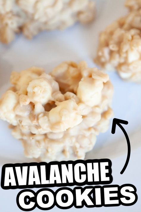 Avalanche cookies are a 4 ingredient no bake cookie. Rice Krispies with mini marshmallows, and more. Rocky mountain cookies recipe that takes 5 minutes to mix up. Great for a potluck cookie, holiday no bake dessert, and more. #dessert #nobake #ricekrispies #easy #nobakecookie #whitechocolate #peanutbutter #ricekrispies Desserts Made With Mini Marshmallows, Haystack Cookies With Marshmallows, No Bake Cookies Rice Krispies, Rice Krispie Haystacks, Rice Krispies Cookies Recipes, No Bake Cookies With Rice Krispies, What To Make With Rice Krispies, No Bake Cookies With Marshmallows, No Bake Rice Krispie Cookies