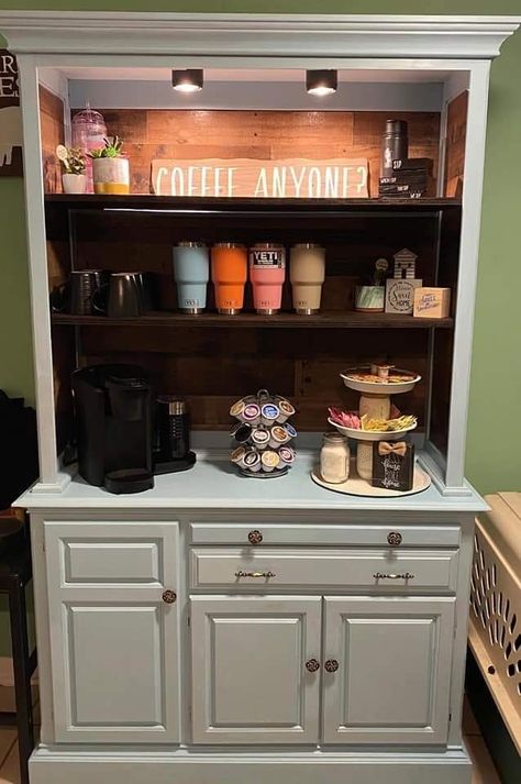 Diy Coffee Wine Bar, Hutch Coffee Bar, Coffee Hutch, Coffee And Wine Bar, Coffee Tea Station, Coffee Corners, Cocoa Station, Coffee Kiosk, Coffee/wine Bar