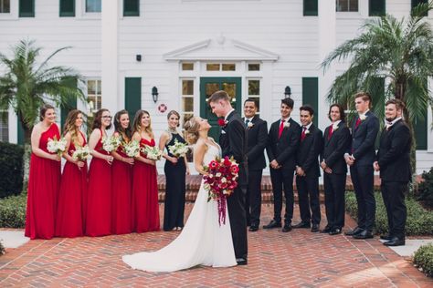 bridal party attire in red black and white Red And White Groomsmen Attire, Red And Black Bridal Party, Red Table Centerpieces, Black And Red Bridesmaid Dresses, Black Groom And Groomsmen, Burgundy Bridal Party, Black Wedding Ceremony, Black Red And White Wedding, Red White And Black Wedding