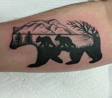 Momma Bear Tattoo, Mama Tattoos, Legacy Tattoo, Simple Camping, Mother Son Tattoos, Cubs Tattoo, Bear Tattoo Designs, Father Tattoos, Camping Scene