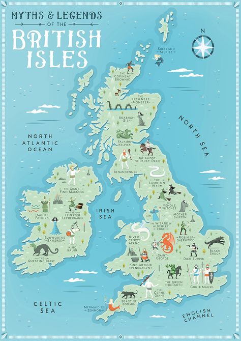 British Isles Map, British Isles Cruise, Map Of Britain, Roi Arthur, Myths And Legends, Loch Ness Monster, The United Kingdom, Fantasy Map, Illustrated Map