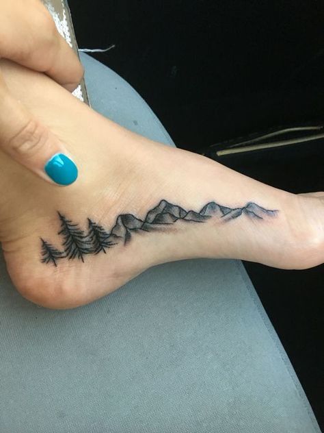 nature tattoo; pine trees and mountain range  #tattoo #tattooinspiration #trees #mountains #nature #naturetattoo Natural Tattoos For Women, Adventure Tattoos Women, Outdoor Tattoo For Women, Adventure Tattoo Ideas, Nature Tattoos For Women, Small Nature Tattoos, Serotonin Tattoo, Small Nature Tattoo, Outdoor Tattoo