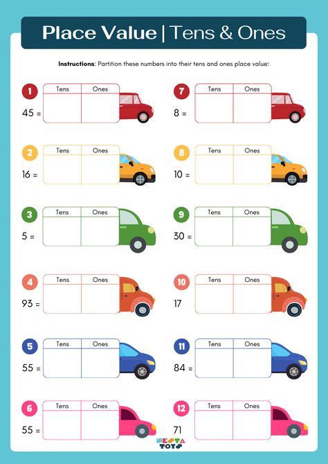 This fun and interactive resource helps children understand the concept of place value, focusing on tens and ones.   #PlaceValue #MathFun #TensAndOnes #EducationalActivities #KidsLearning #STEMEducation #MathForKids #HandsOnLearning #EarlyMathSkills Place Value Ones And Tens Worksheet, Tens And Ones Activity, Grade 1 Maths, Teaching Aids For Maths, Place Value Tens And Ones, Value Worksheet, Class 1 Maths, Kindergarten Math Center, Place Value Chart