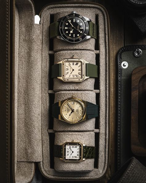 Who greened it best? 🧩 Two prominent themes in my rotation lately: a touch of gold and a touch of green! Which combo do you like best? ⌚️ @cartier Santos Dumont 1576, Matte Green Ischia Alligator Flank Stitchless Strap by @delugs ⌚️ @tissot_official PRX Powermatic 80 35mm T137.207.33.021.00, Emerald Green Rubber CTS Strap by @delugs ⌚️ @cartier Santos Dumont Large WGSA0054, Olive Green Rubber CTS Strap by @delugs ⌚️ @tudorwatch Black Bay Fifty-Eight M79030N-0001, Olive Green Delcro Strap... Cartier Santos Dumont, Future Vision, Art Of Manliness, Air Fighter, Matte Green, Retro Watches, Fashion Goals, Cartier Santos, Cartier Watch